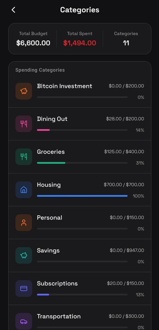 Budget categories with progress bars and spending percentages