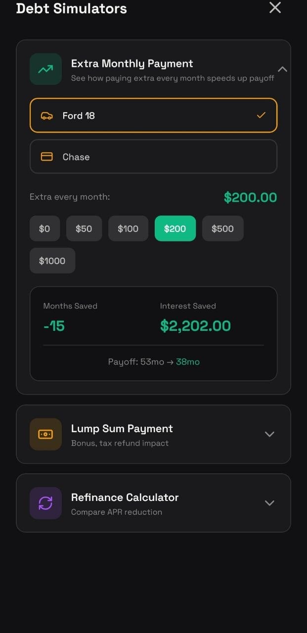 Debt simulator showing impact of extra monthly payments