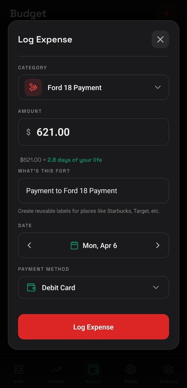 Log expense modal with category, amount, and time-cost display