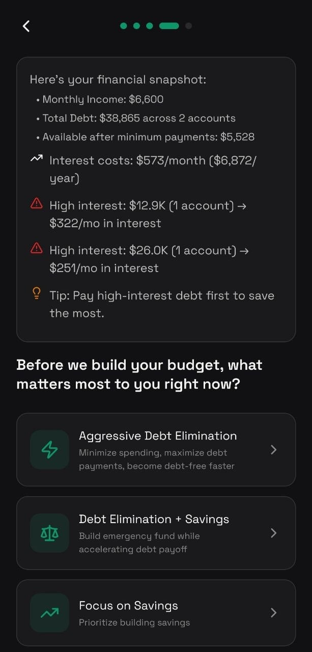 Financial snapshot with debt elimination strategy selection