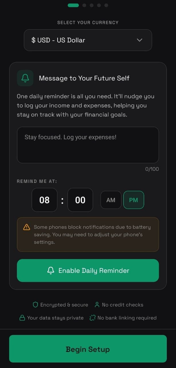 Welcome screen with currency selection and daily reminder setup
