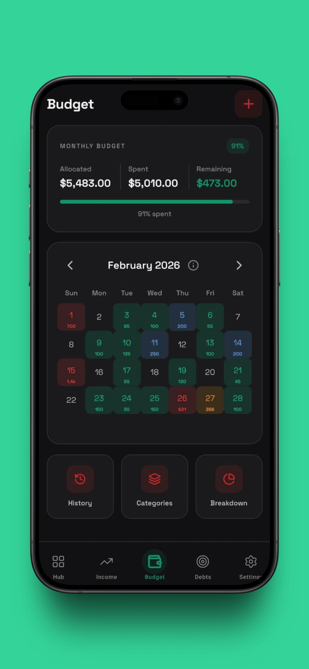 Budget calendar with daily spending tracking