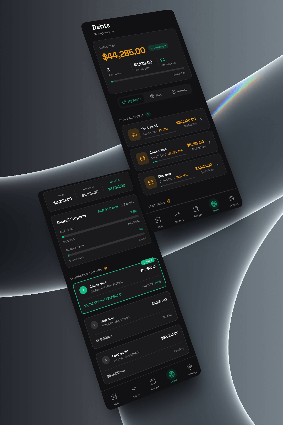 Debt accounts with payoff progress and payment tracking