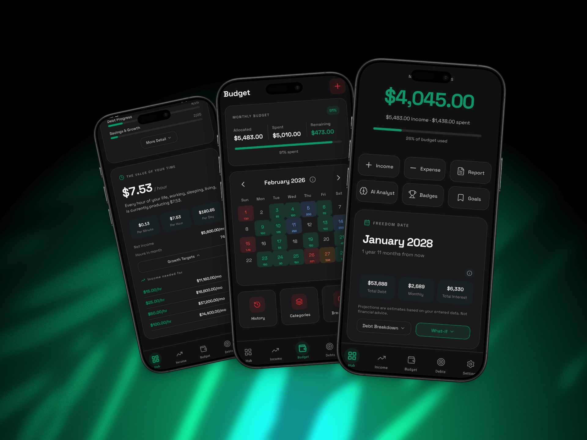Autonomy Ledger on three phones showing Debt Timeline, Budget Calendar, and Hub with Freedom Date